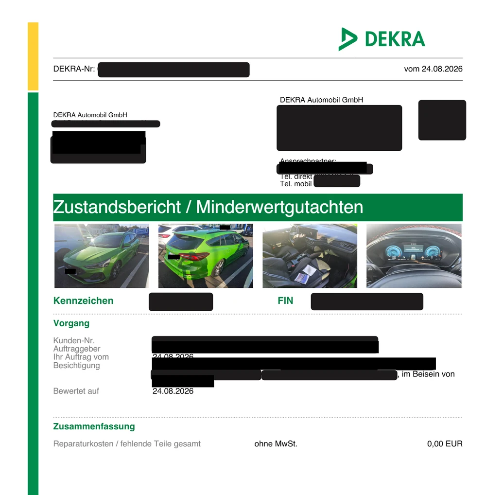 DEKRA-Zustandsbericht vom 24.08.2026 mit 0,00 EUR Reparaturkosten